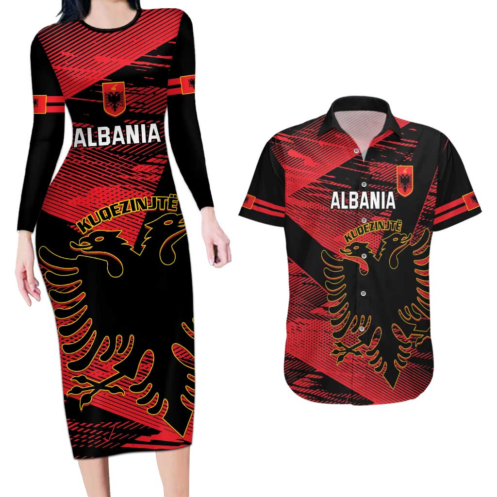 Custom Albania Football Couples Matching Long Sleeve Bodycon Dress and Hawaiian Shirt Go Kuqezinjte - Grunge Style - Wonder Print Shop