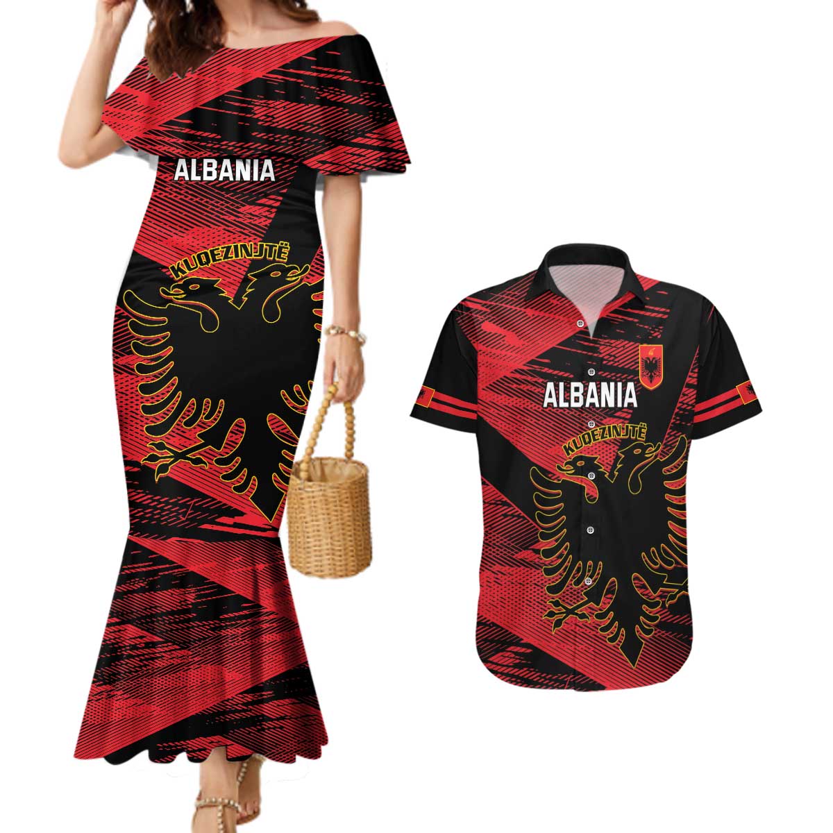 Custom Albania Football Couples Matching Mermaid Dress and Hawaiian Shirt Go Kuqezinjte - Grunge Style - Wonder Print Shop