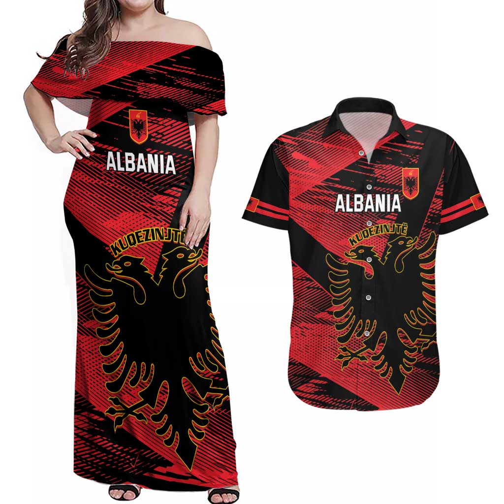 Custom Albania Football Couples Matching Off Shoulder Maxi Dress and Hawaiian Shirt Go Kuqezinjte - Grunge Style - Wonder Print Shop