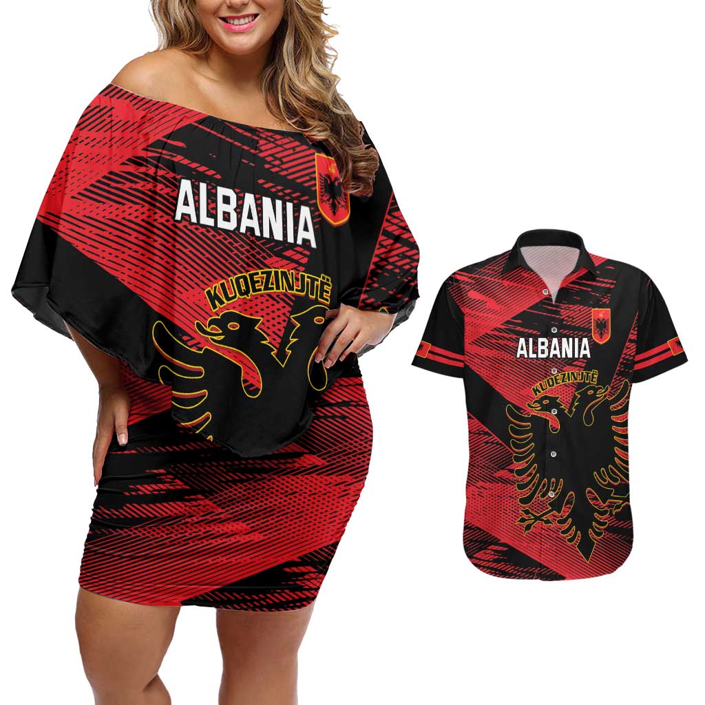 Custom Albania Football Couples Matching Off Shoulder Short Dress and Hawaiian Shirt Go Kuqezinjte - Grunge Style - Wonder Print Shop