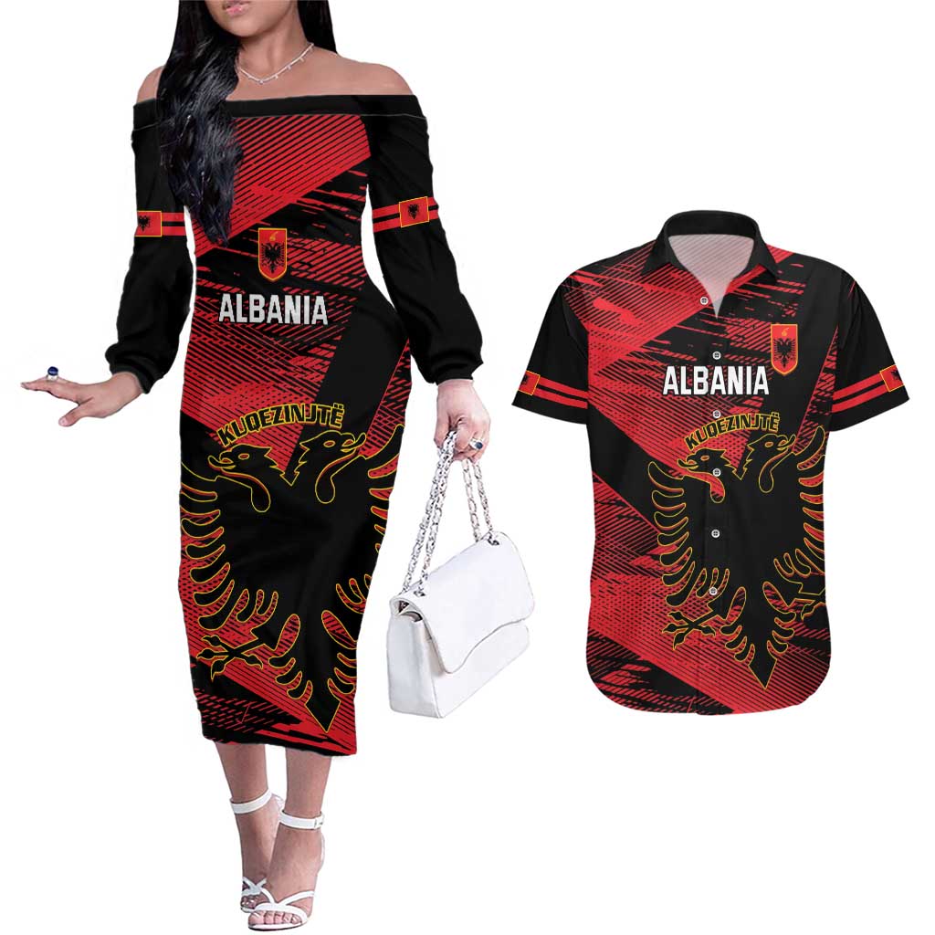 Custom Albania Football Couples Matching Off The Shoulder Long Sleeve Dress and Hawaiian Shirt Go Kuqezinjte - Grunge Style - Wonder Print Shop