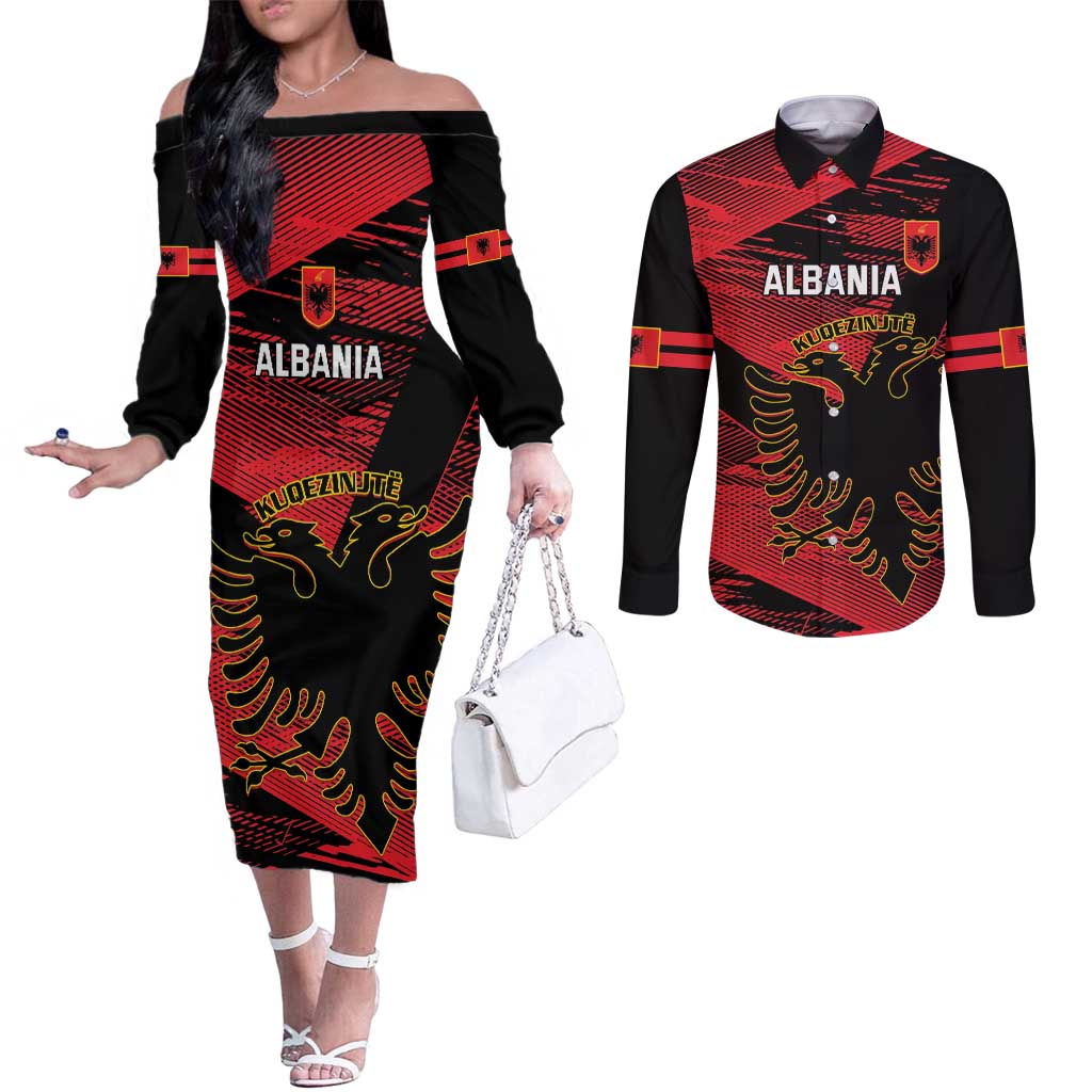 Custom Albania Football Couples Matching Off The Shoulder Long Sleeve Dress and Long Sleeve Button Shirt Go Kuqezinjte - Grunge Style