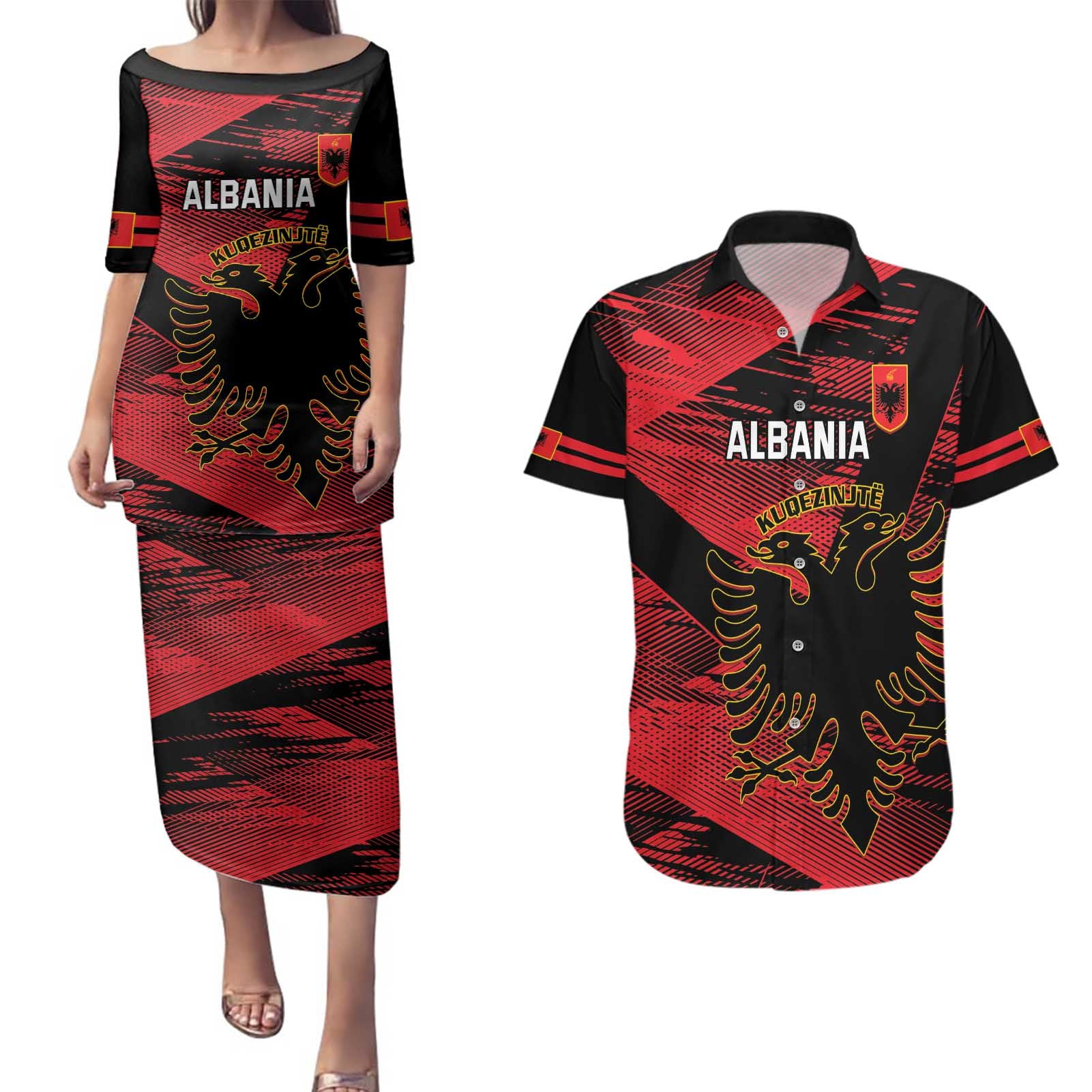 Custom Albania Football Couples Matching Puletasi and Hawaiian Shirt Go Kuqezinjte - Grunge Style - Wonder Print Shop