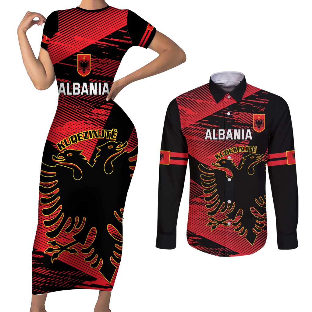 Custom Albania Football Couples Matching Short Sleeve Bodycon Dress and Long Sleeve Button Shirt Go Kuqezinjte - Grunge Style - Wonder Print Shop