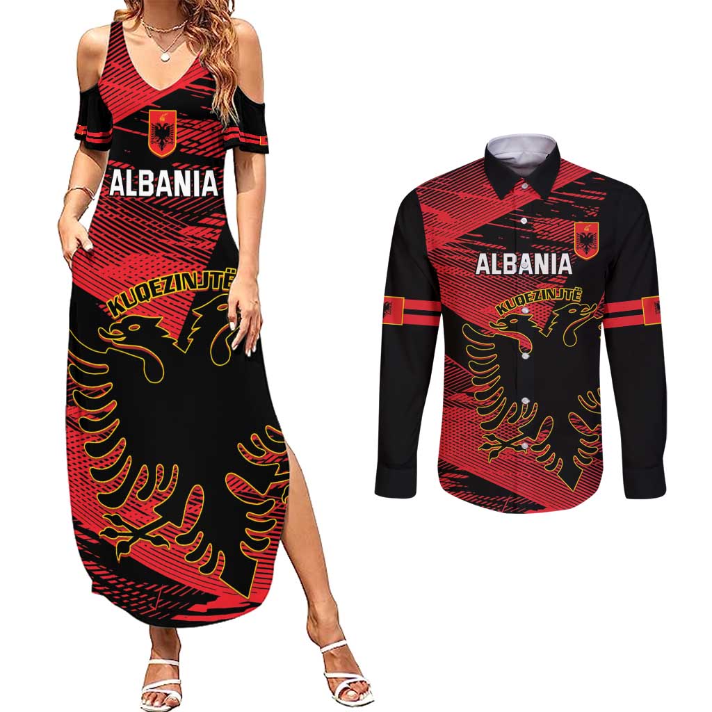 Custom Albania Football Couples Matching Summer Maxi Dress and Long Sleeve Button Shirt Go Kuqezinjte - Grunge Style - Wonder Print Shop