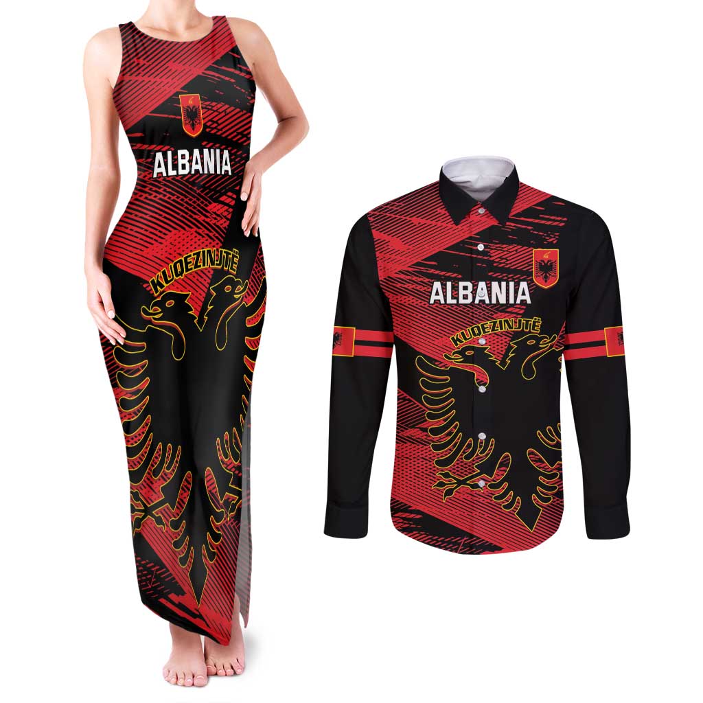 Custom Albania Football Couples Matching Tank Maxi Dress and Long Sleeve Button Shirt Go Kuqezinjte - Grunge Style - Wonder Print Shop