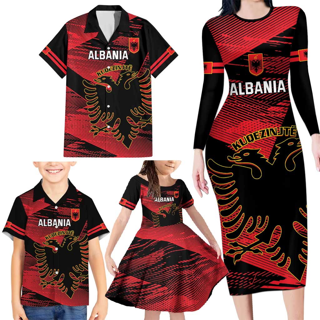 Custom Albania Football Family Matching Long Sleeve Bodycon Dress and Hawaiian Shirt Go Kuqezinjte - Grunge Style - Wonder Print Shop