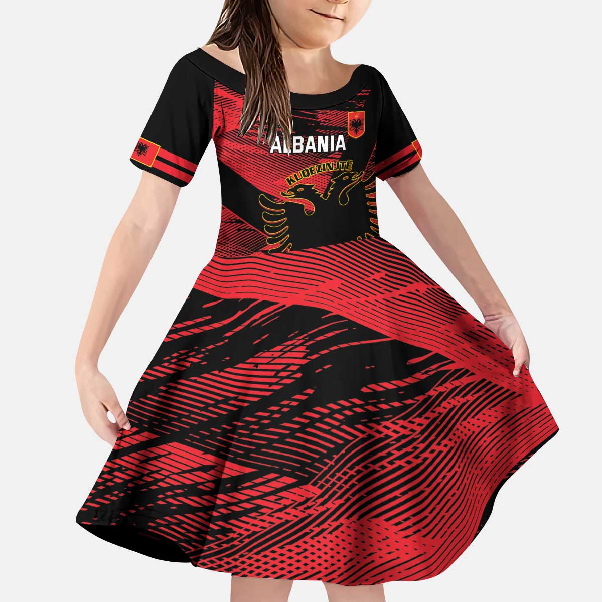 Custom Albania Football Kid Short Sleeve Dress Go Kuqezinjte - Grunge Style - Wonder Print Shop