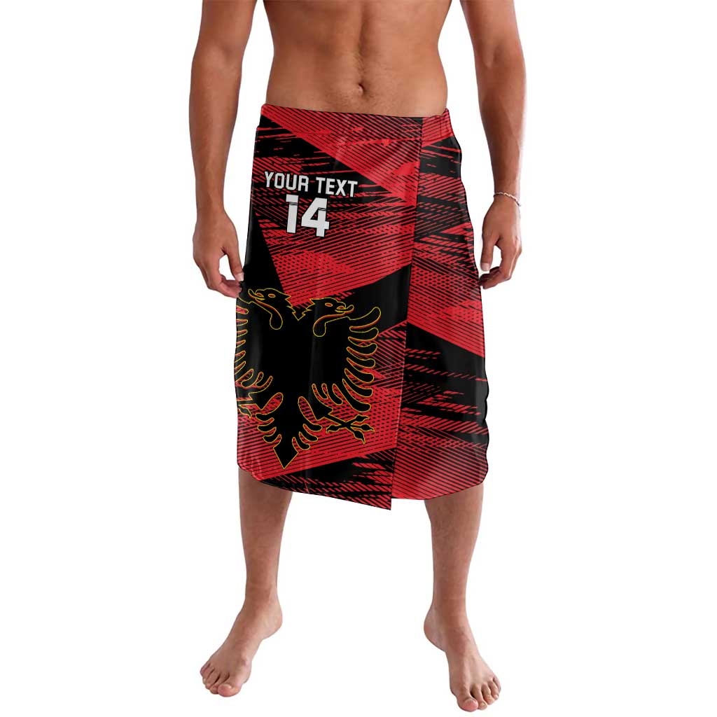 Football lavalava wrap skirt in red and black, grunge graphic with crest and number 14