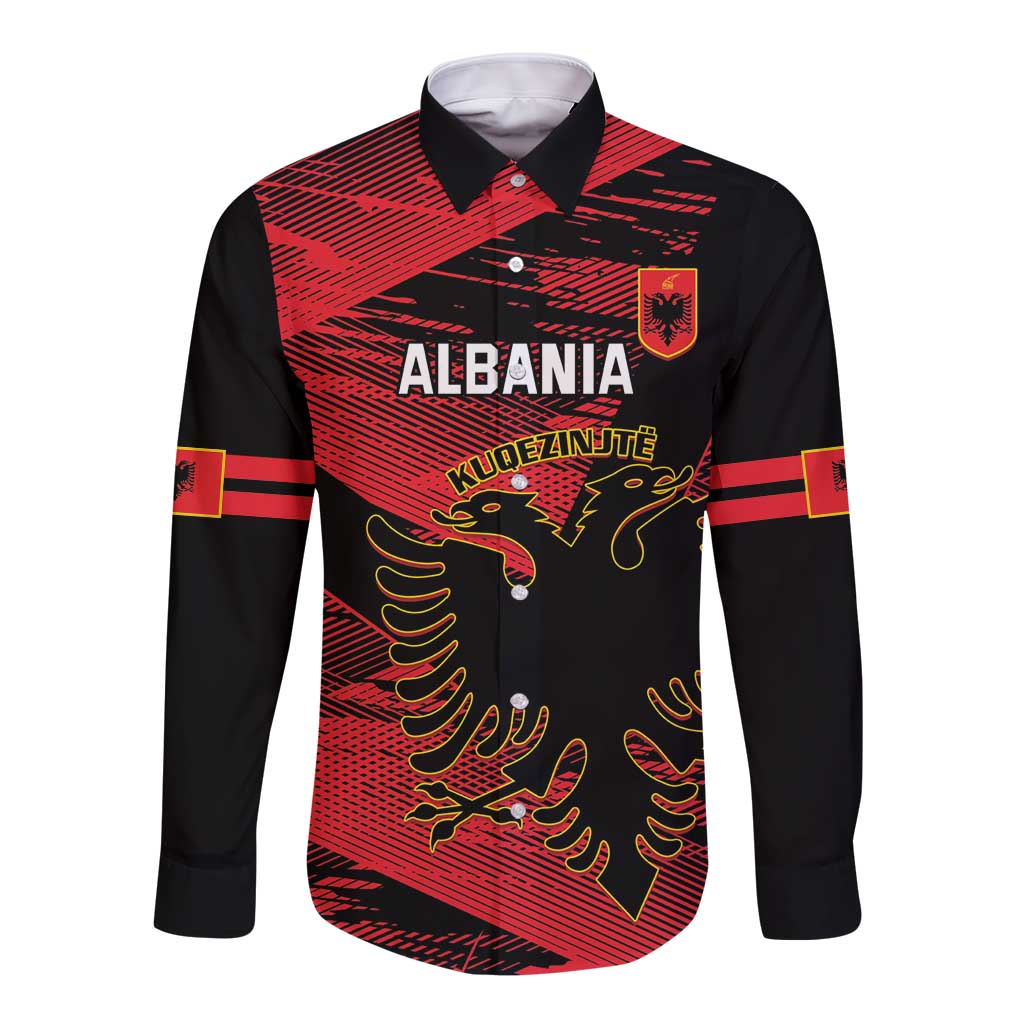 Long sleeve button football shirt in black with red grunge graphic and crest