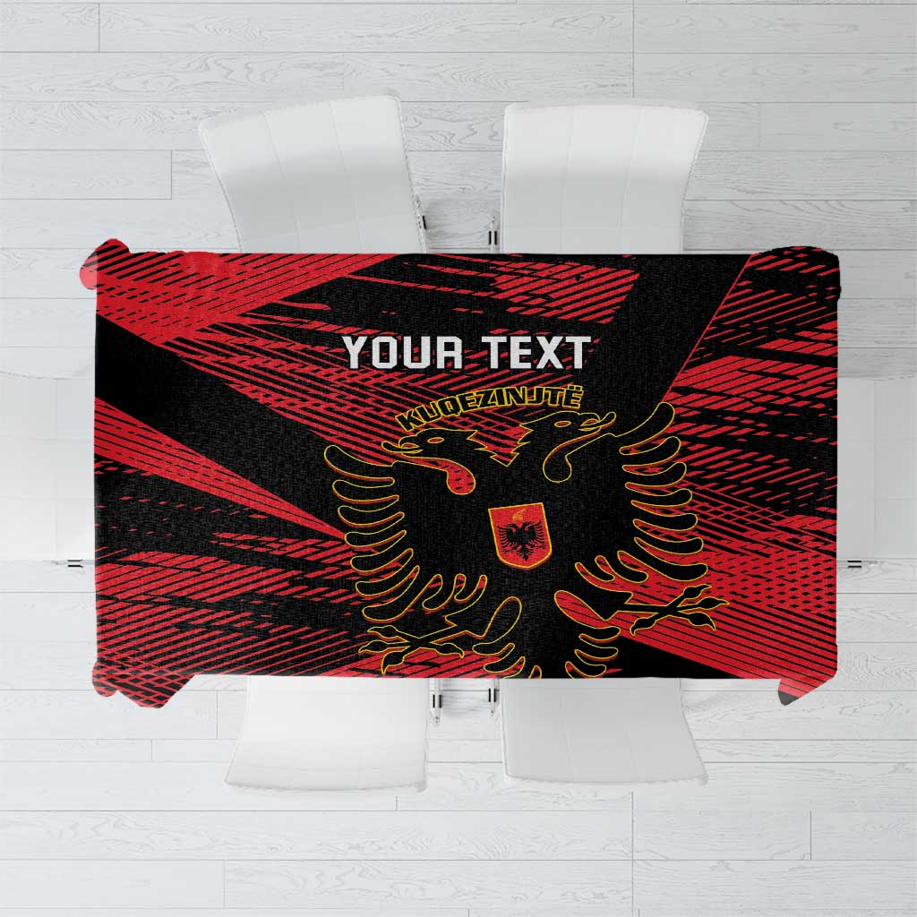 Red and black grunge football tablecloth with Albania emblem and geometric stripes