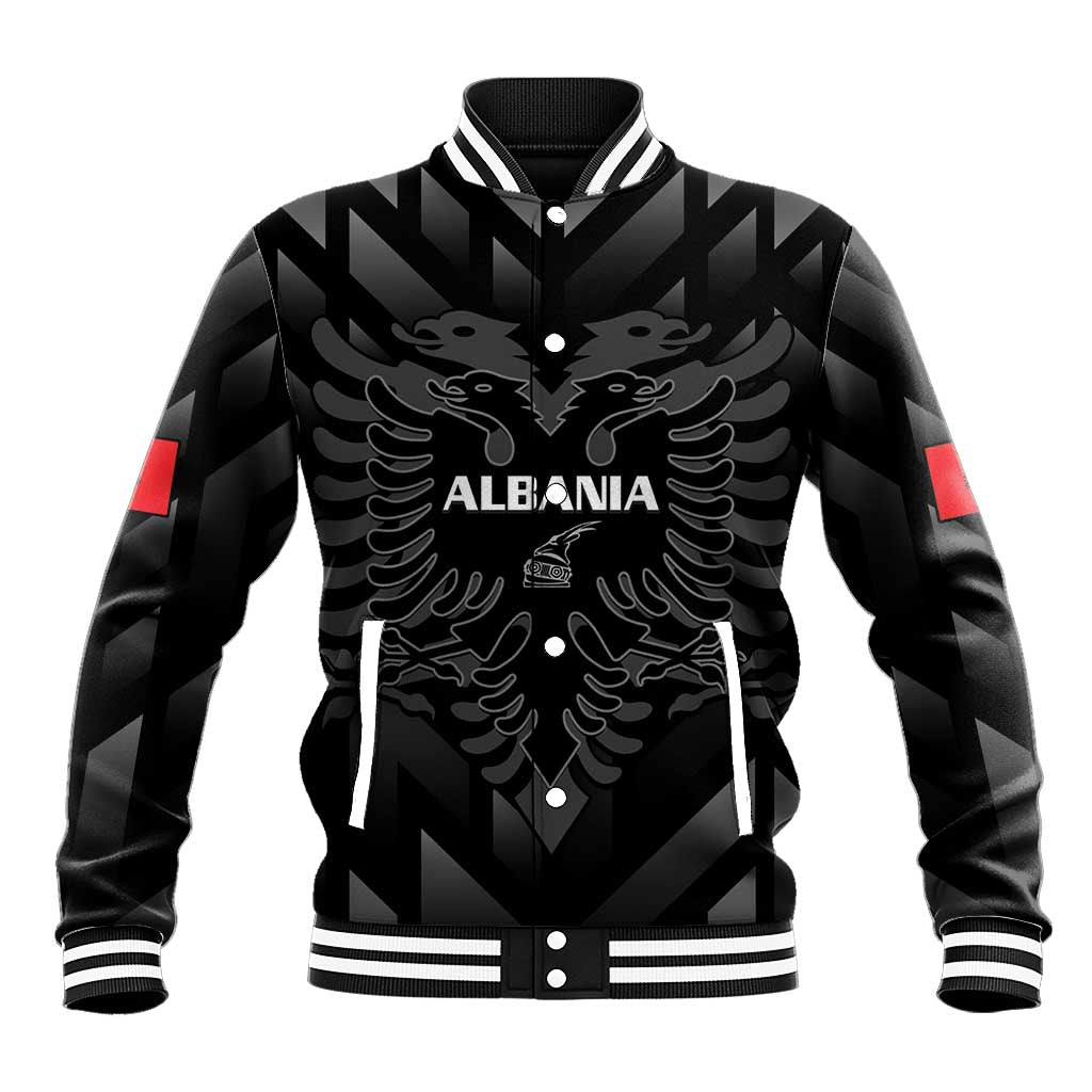 Black baseball jacket with varsity collar, ribbed cuffs, front eagle graphic and Albania text