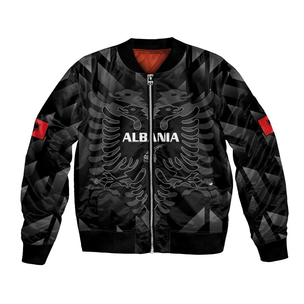 Black football bomber jacket with central zip, eagle graphic, red sleeve logo