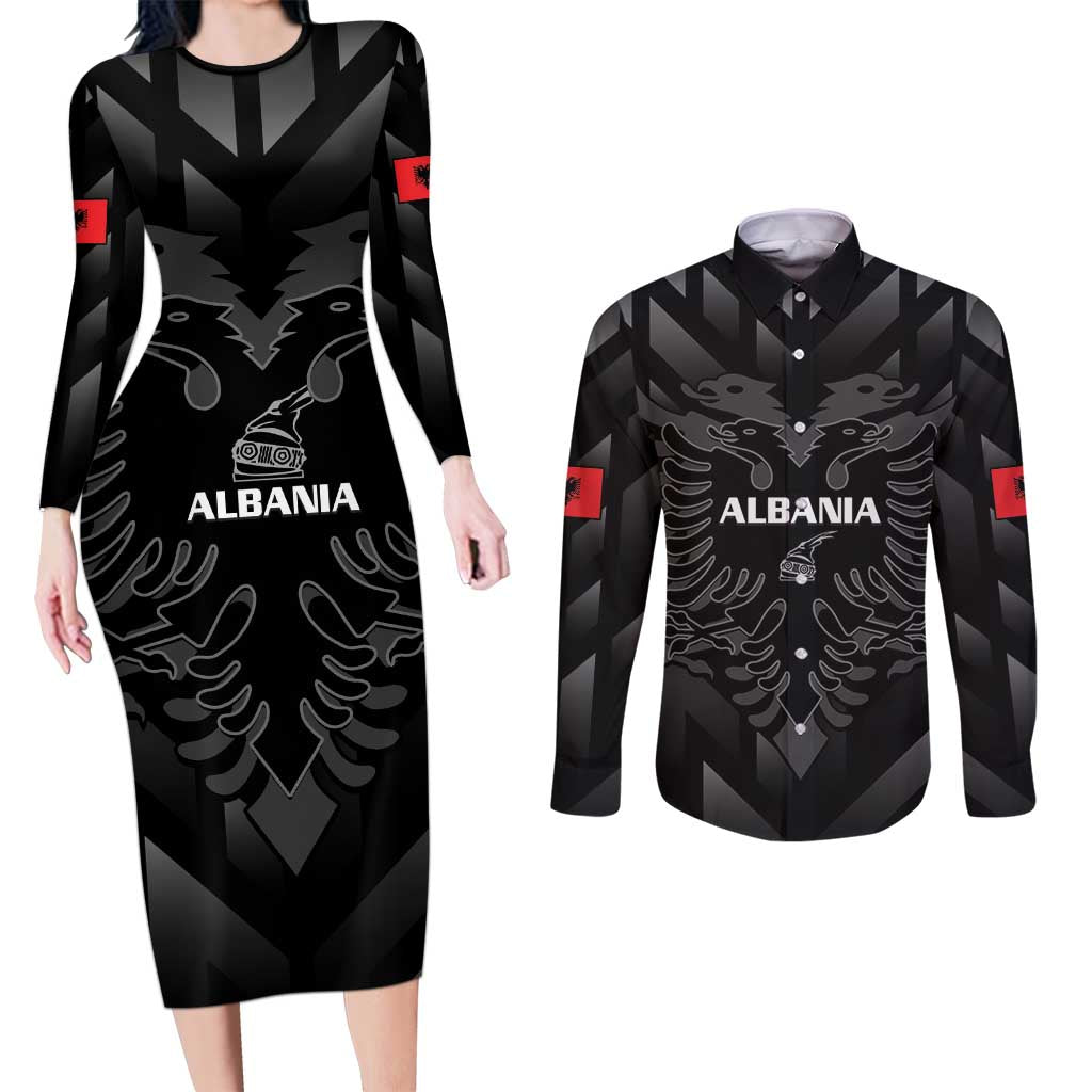 Custom Albania Football Couples Matching Long Sleeve Bodycon Dress and Long Sleeve Button Shirt Albanian Kastrioti Eagle - Black Style - Wonder Print Shop