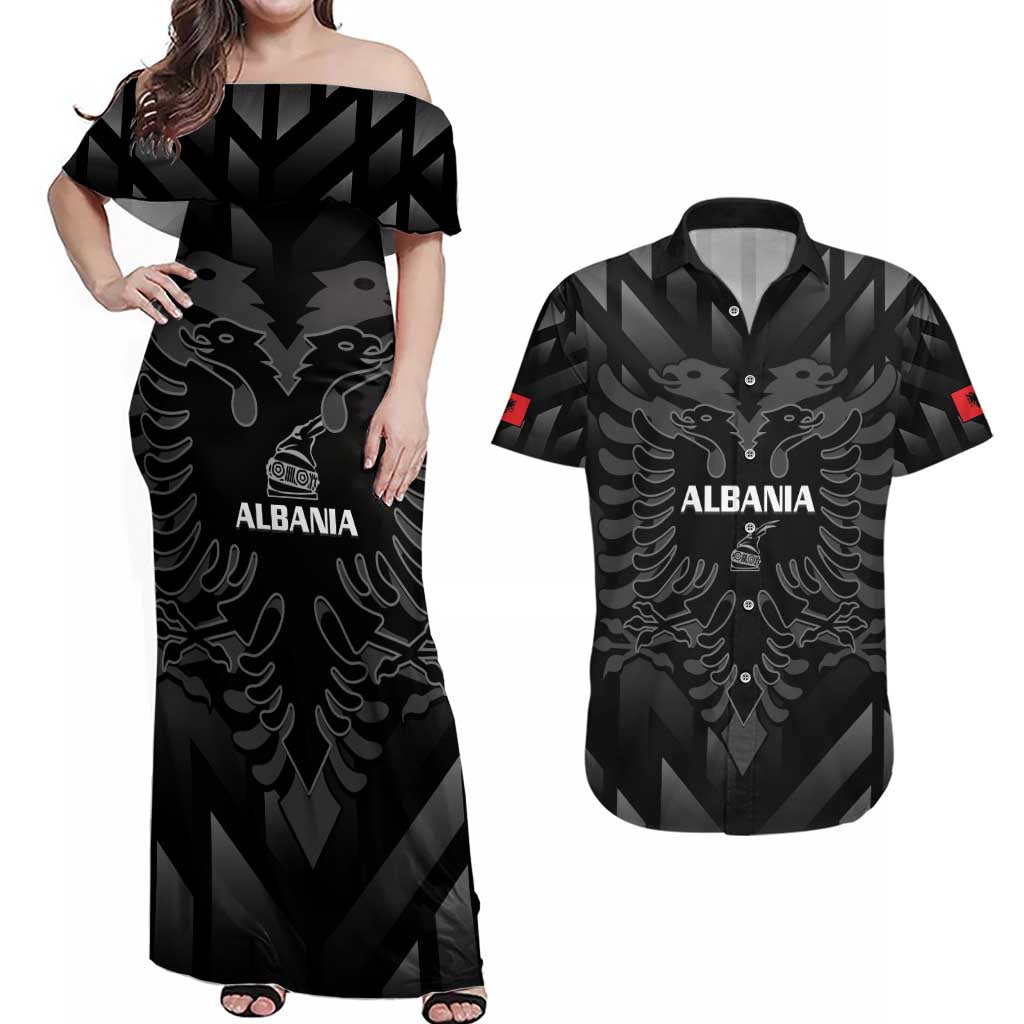 Custom Albania Football Couples Matching Off Shoulder Maxi Dress and Hawaiian Shirt Albanian Kastrioti Eagle - Black Style - Wonder Print Shop