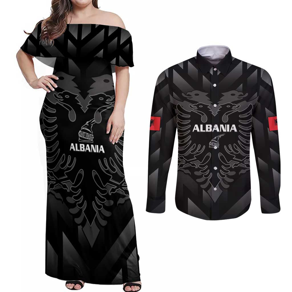 Custom Albania Football Couples Matching Off Shoulder Maxi Dress and Long Sleeve Button Shirt Albanian Kastrioti Eagle - Black Style - Wonder Print Shop