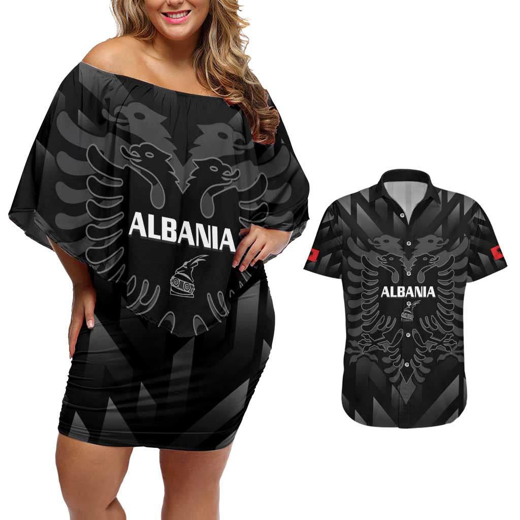 Custom Albania Football Couples Matching Off Shoulder Short Dress and Hawaiian Shirt Albanian Kastrioti Eagle - Black Style - Wonder Print Shop