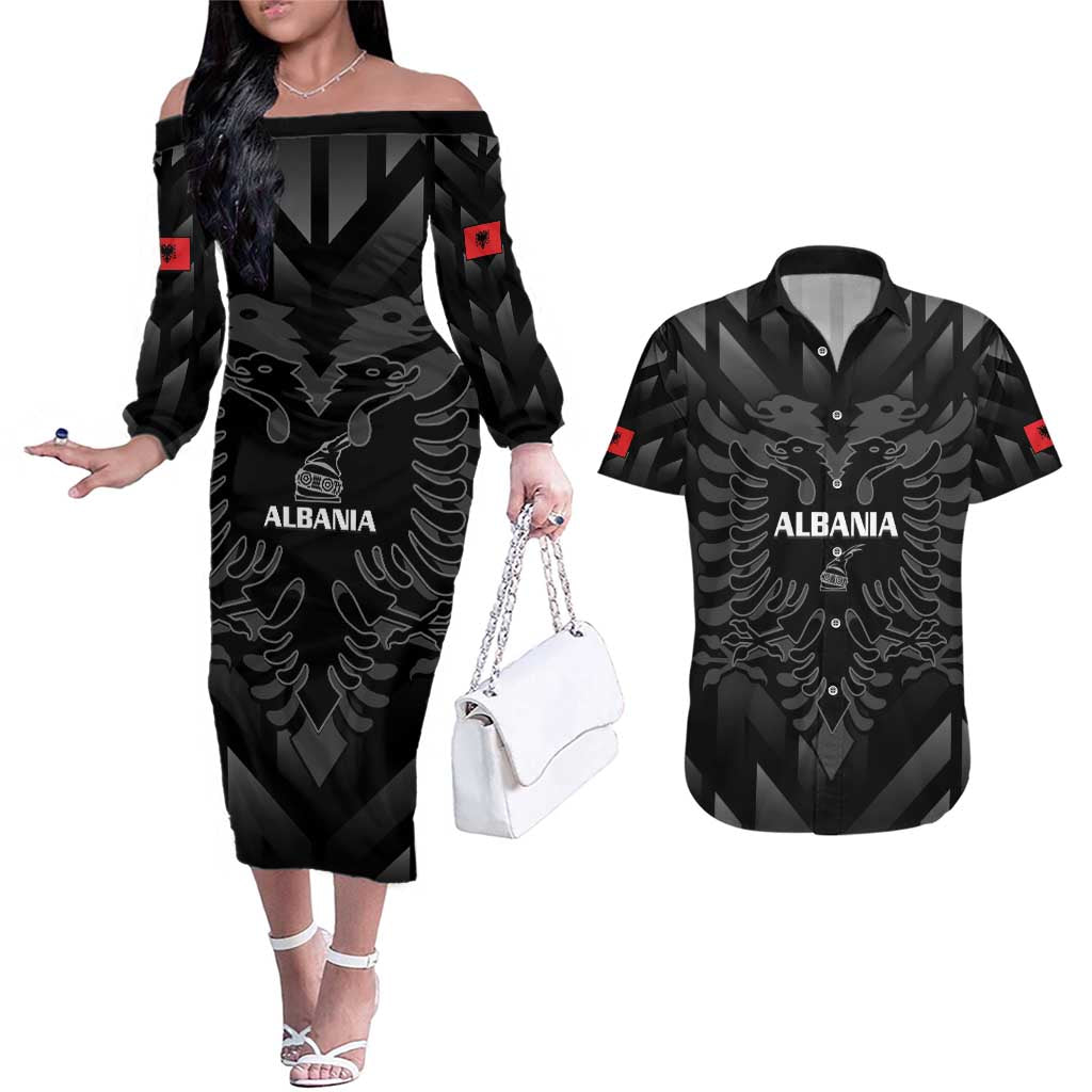 Custom Albania Football Couples Matching Off The Shoulder Long Sleeve Dress and Hawaiian Shirt Albanian Kastrioti Eagle - Black Style - Wonder Print Shop