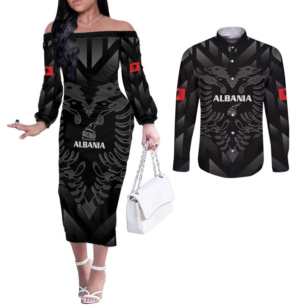 Custom Albania Football Couples Matching Off The Shoulder Long Sleeve Dress and Long Sleeve Button Shirt Albanian Kastrioti Eagle - Black Style