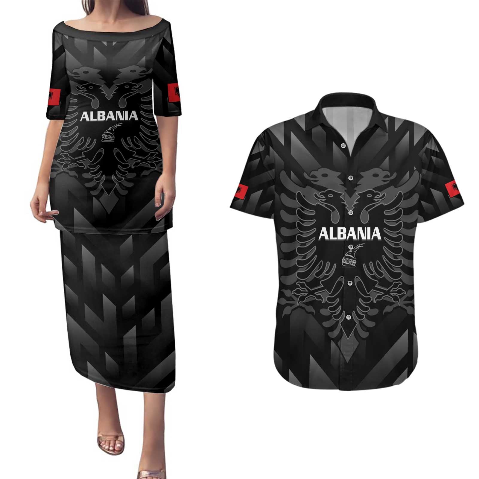 Custom Albania Football Couples Matching Puletasi and Hawaiian Shirt Albanian Kastrioti Eagle - Black Style - Wonder Print Shop