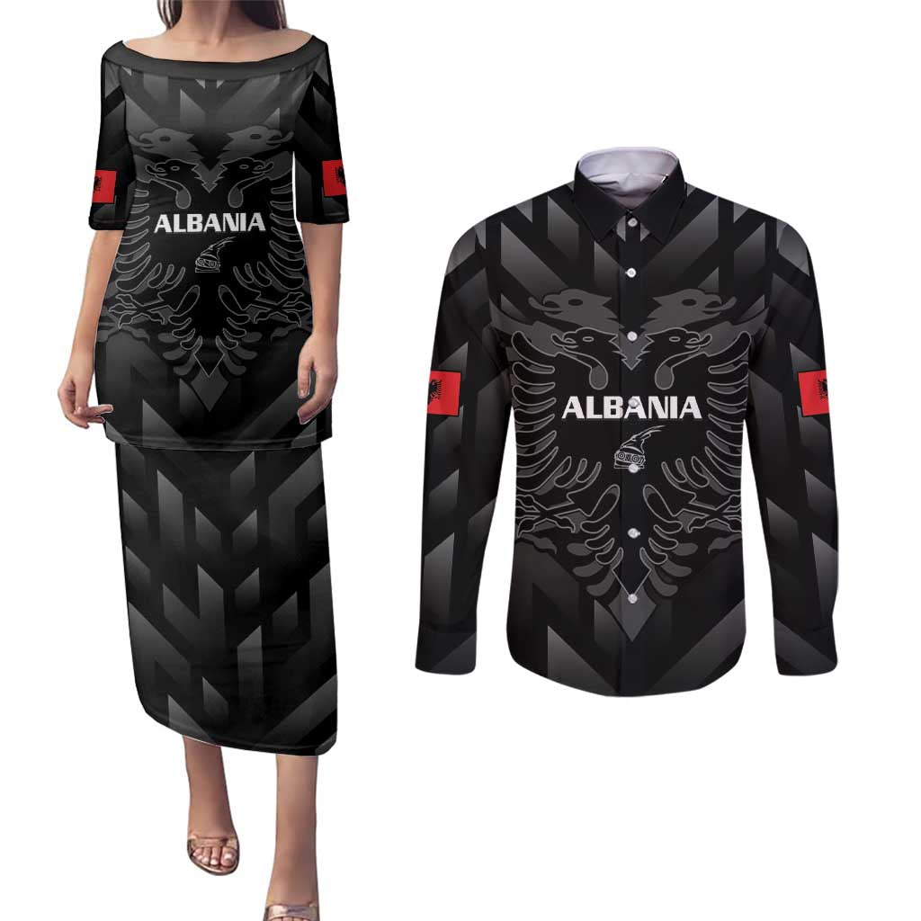 Custom Albania Football Couples Matching Puletasi and Long Sleeve Button Shirt Albanian Kastrioti Eagle - Black Style - Wonder Print Shop