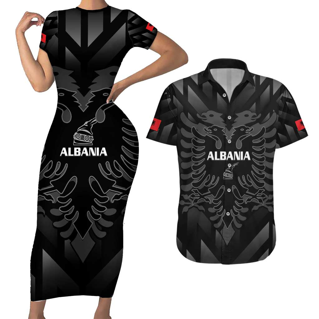 Custom Albania Football Couples Matching Short Sleeve Bodycon Dress and Hawaiian Shirt Albanian Kastrioti Eagle - Black Style - Wonder Print Shop