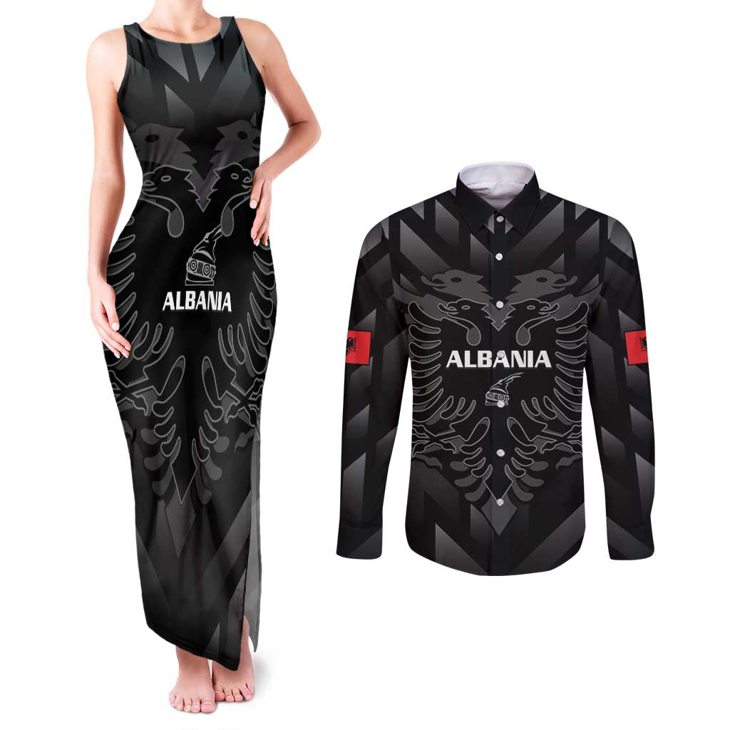 Custom Albania Football Couples Matching Tank Maxi Dress and Long Sleeve Button Shirt Albanian Kastrioti Eagle - Black Style - Wonder Print Shop