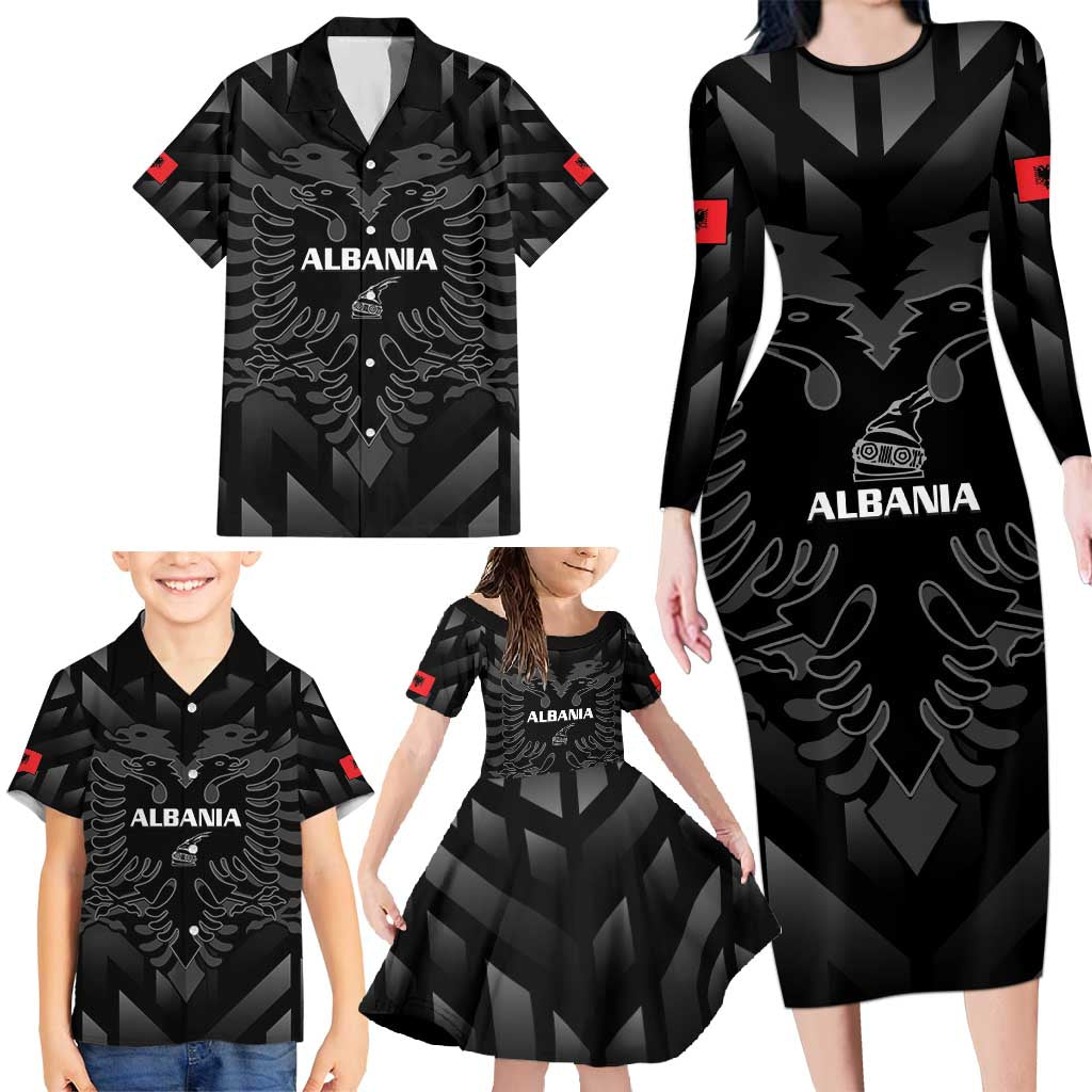 Custom Albania Football Family Matching Long Sleeve Bodycon Dress and Hawaiian Shirt Albanian Kastrioti Eagle - Black Style - Wonder Print Shop