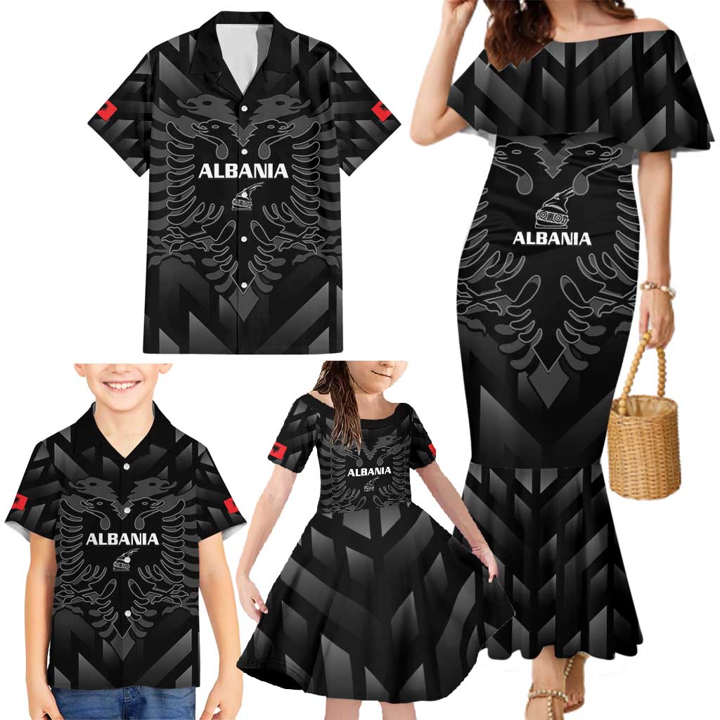 Custom Albania Football Family Matching Mermaid Dress and Hawaiian Shirt Albanian Kastrioti Eagle - Black Style - Wonder Print Shop