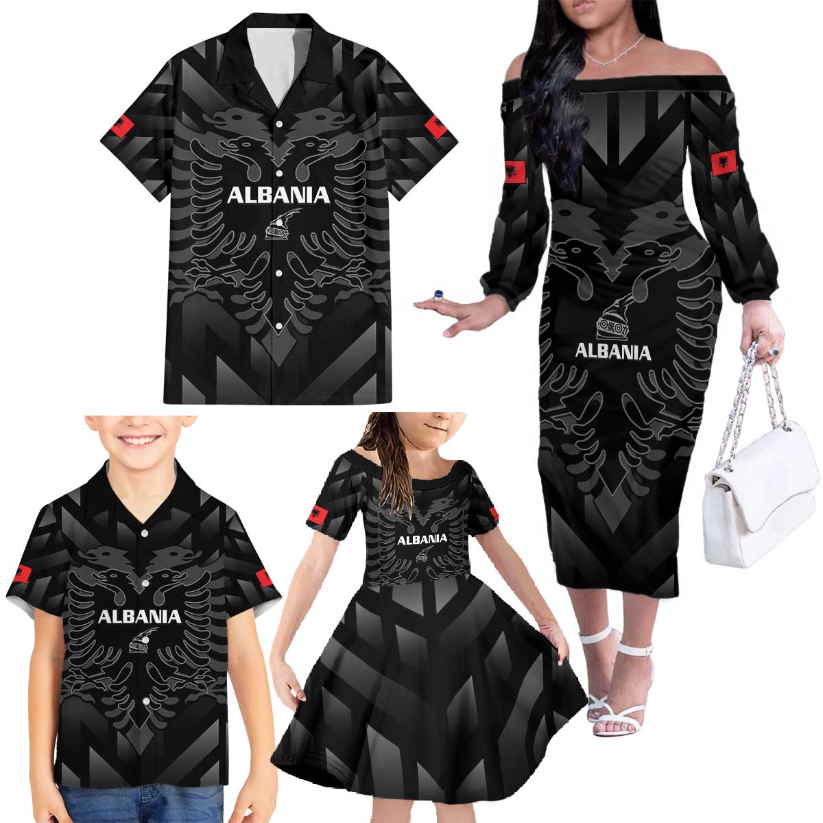 Custom Albania Football Family Matching Off The Shoulder Long Sleeve Dress and Hawaiian Shirt Albanian Kastrioti Eagle - Black Style - Wonder Print Shop