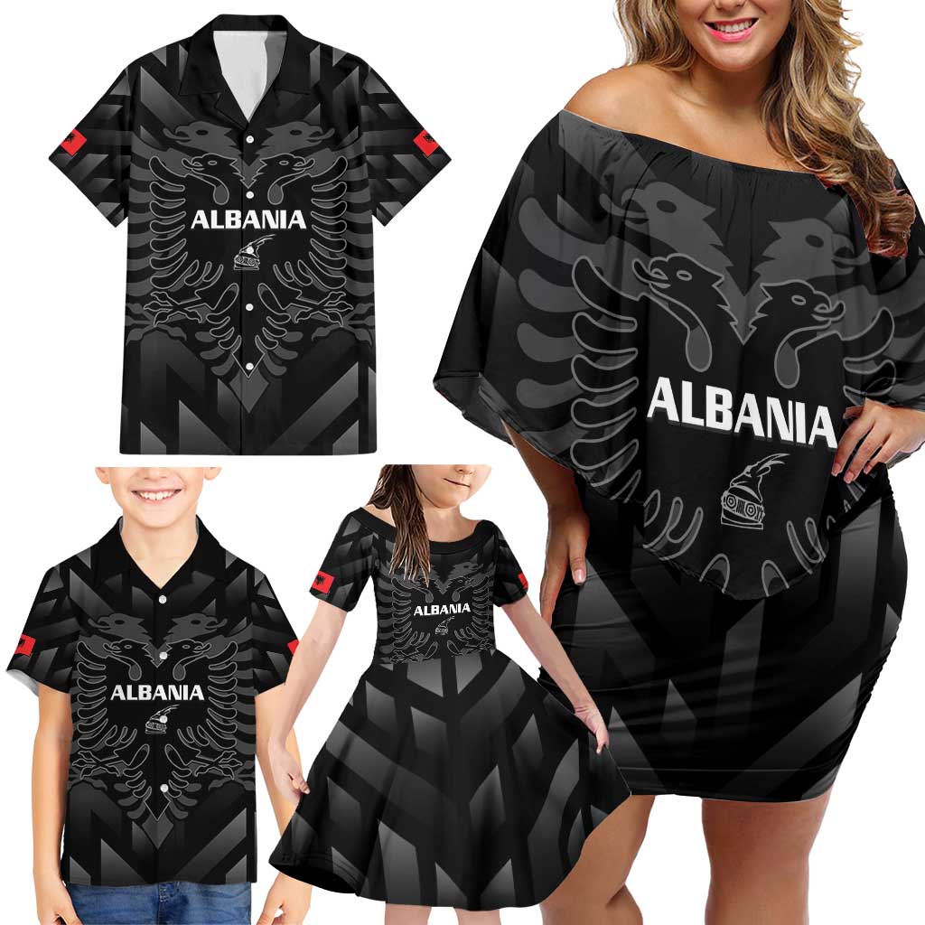 Custom Albania Football Family Matching Off Shoulder Short Dress and Hawaiian Shirt Albanian Kastrioti Eagle - Black Style - Wonder Print Shop