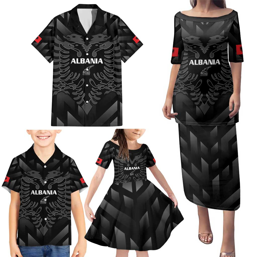 Custom Albania Football Family Matching Puletasi and Hawaiian Shirt Albanian Kastrioti Eagle - Black Style - Wonder Print Shop