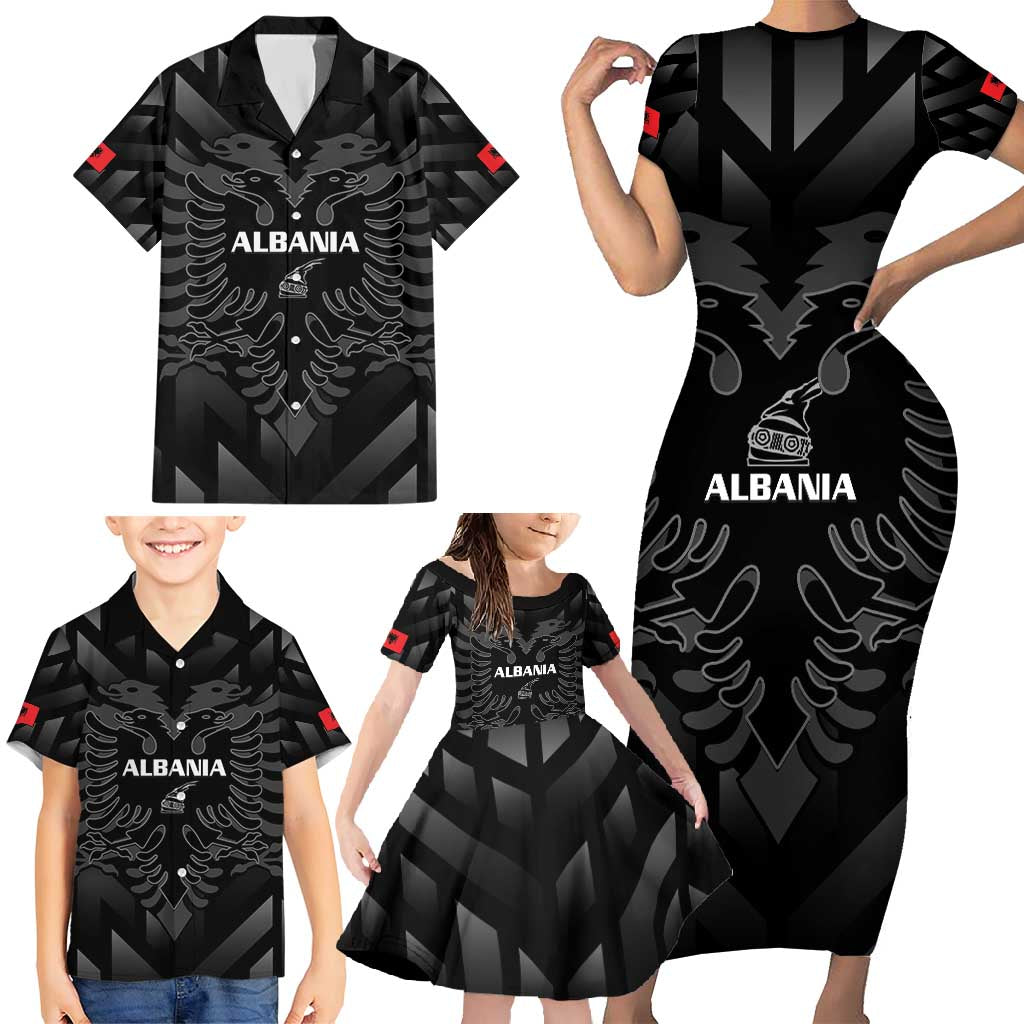 Custom Albania Football Family Matching Short Sleeve Bodycon Dress and Hawaiian Shirt Albanian Kastrioti Eagle - Black Style - Wonder Print Shop