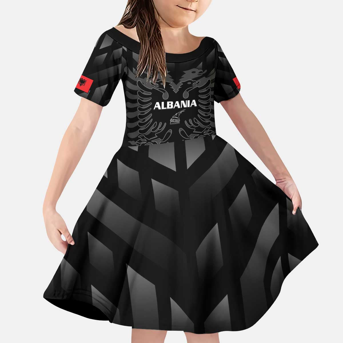 Custom Albania Football Kid Short Sleeve Dress Albanian Kastrioti Eagle - Black Style - Wonder Print Shop