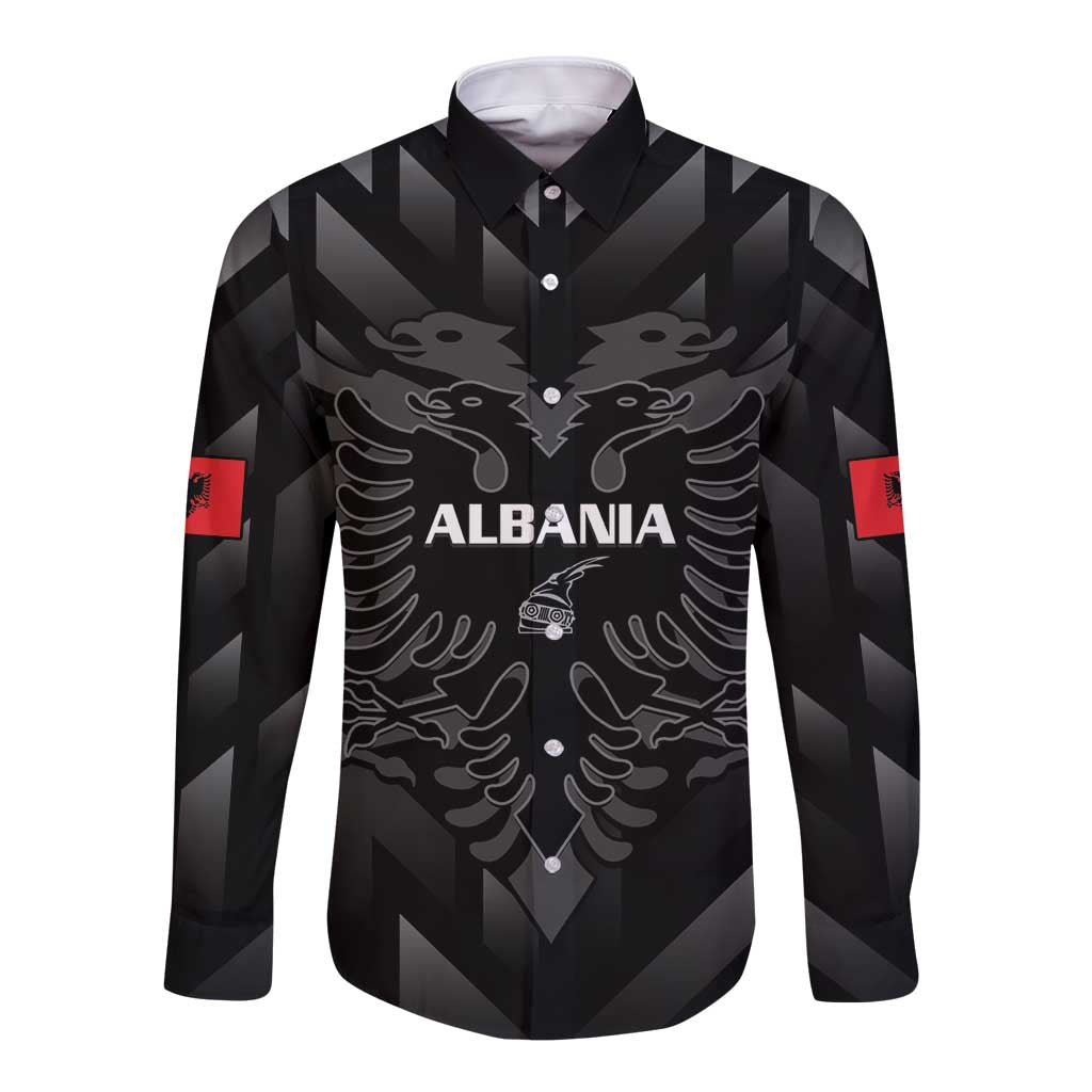 Custom Albania Football Long Sleeve Button Shirt Albanian Kastrioti Eagle - Black Style - Wonder Print Shop