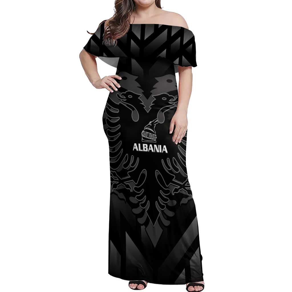 Custom Albania Football Off Shoulder Maxi Dress Albanian Kastrioti Eagle - Black Style - Wonder Print Shop