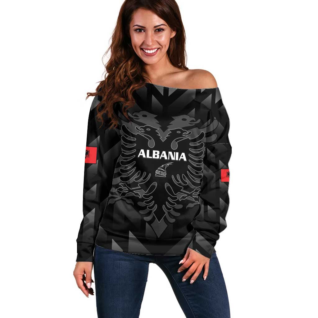 Custom Albania Football Off Shoulder Sweater Albanian Kastrioti Eagle - Black Style