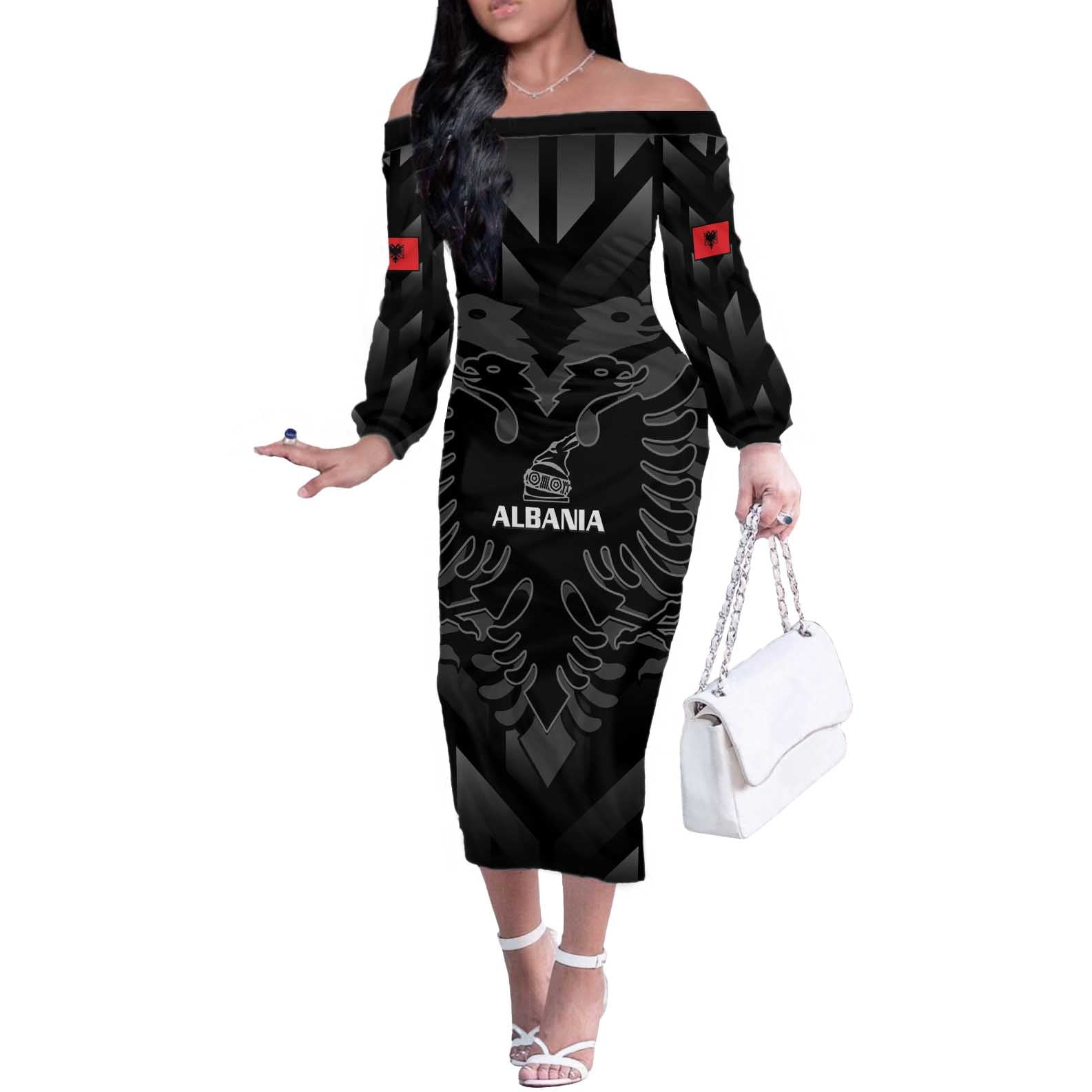 Custom Albania Football Off The Shoulder Long Sleeve Dress Albanian Kastrioti Eagle - Black Style - Wonder Print Shop