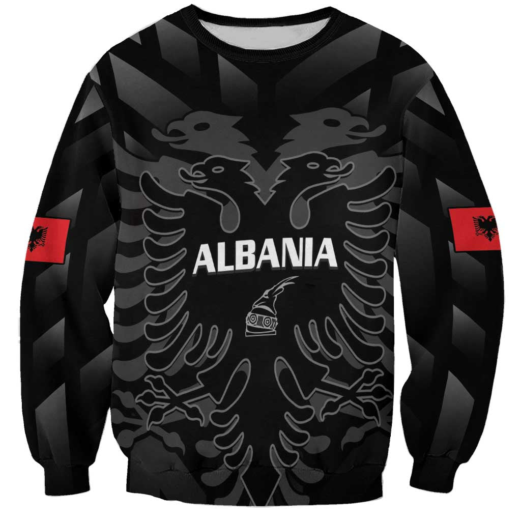 Black football sweatshirt with eagle wing graphic and ALBANIA text; red sleeve patch