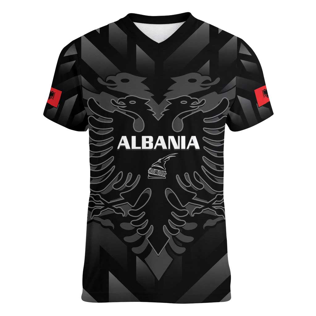 Custom Albania Football Women V-Neck T-Shirt Albanian Kastrioti Eagle - Black Style - Wonder Print Shop