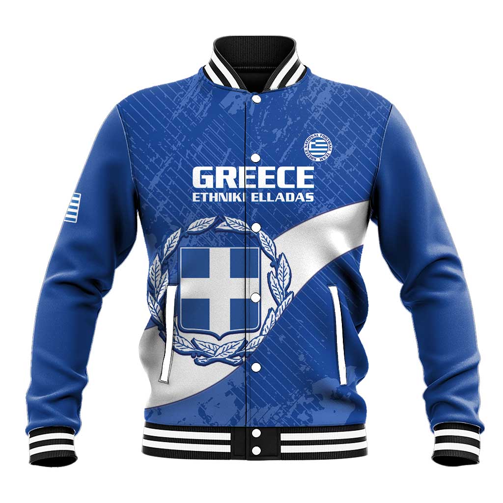 Blue Greece baseball jacket with snap buttons and front crest graphic