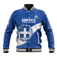 Blue Greece baseball jacket with snap buttons and front crest graphic