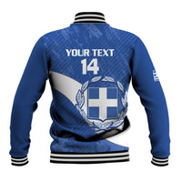 Blue baseball jacket with back text, number 14, and crest with laurel