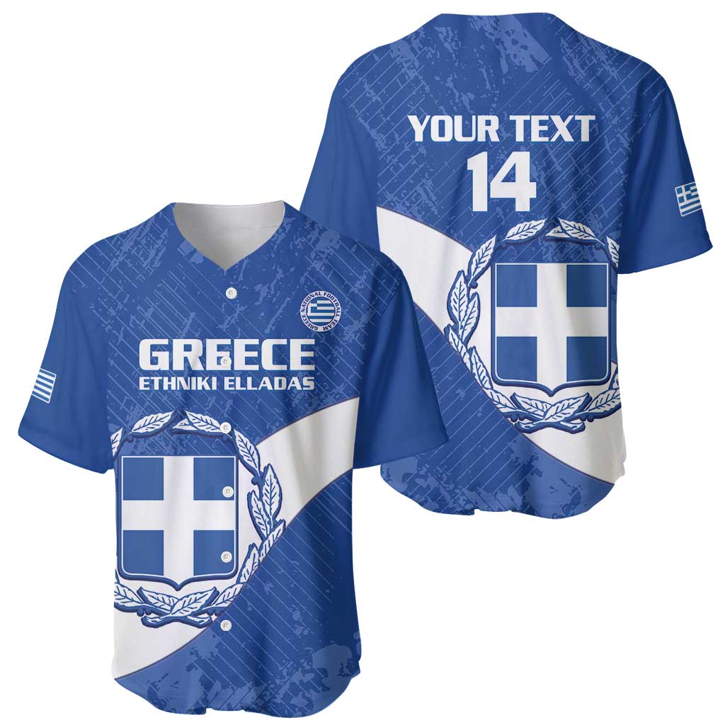 Blue Greece football baseball jersey front and back, crest with number 14