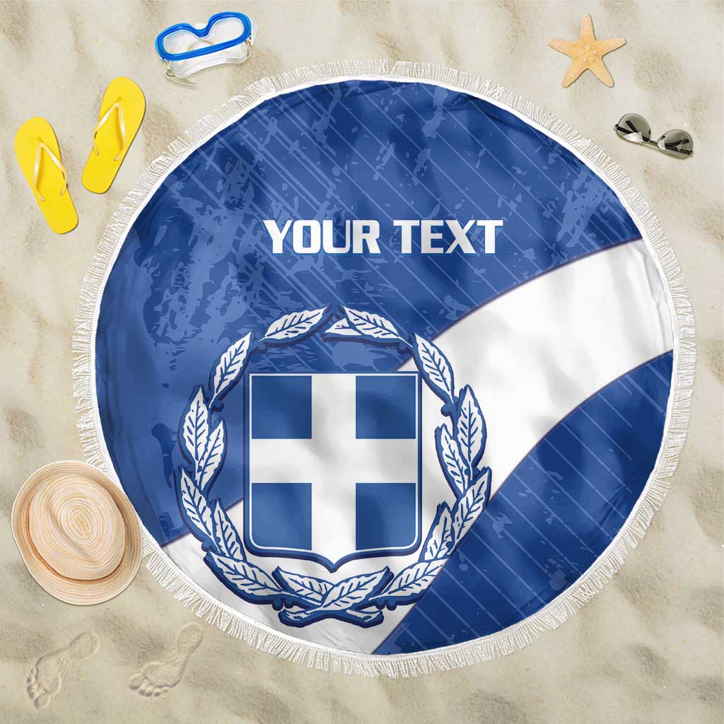 Round blue and white Greece-style crest beach blanket with white fringe border