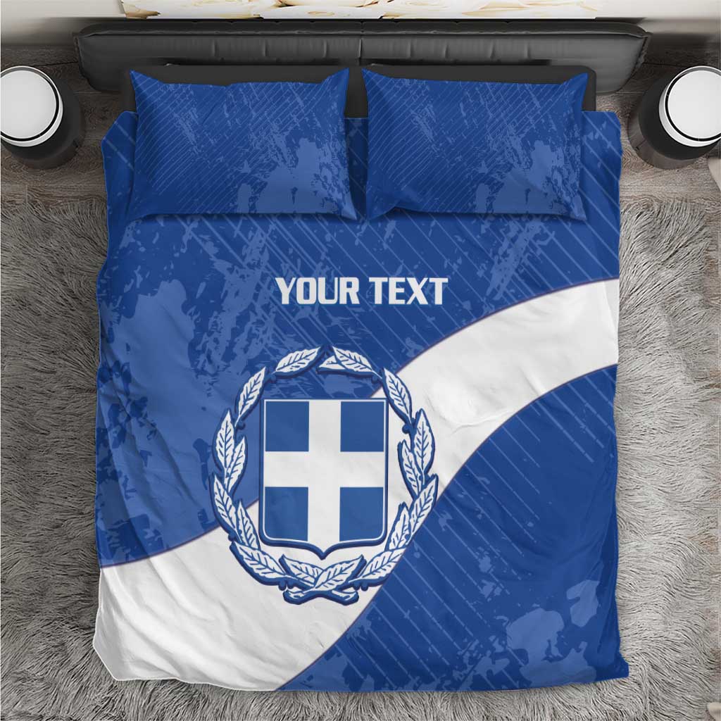 Blue and white football bedding set with Greece crest and “YOUR TEXT” on duvet and pillows