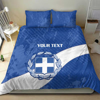 Blue and white football bedding set with Greece crest, wreath, and “YOUR TEXT” on duvet