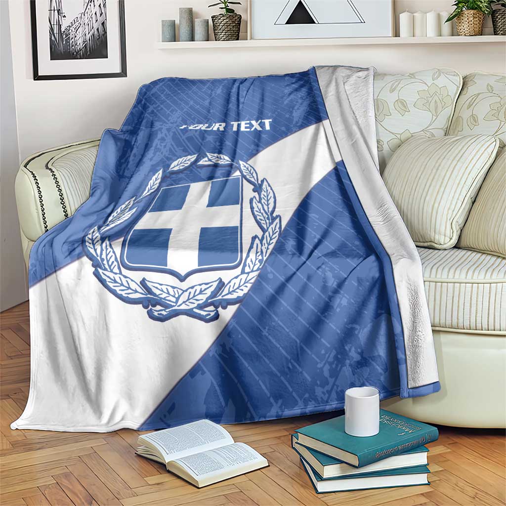 Blue and white Greece football blanket with crest and 'YOUR TEXT' text