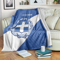 Blue and white Greece football blanket with crest and 'YOUR TEXT' text