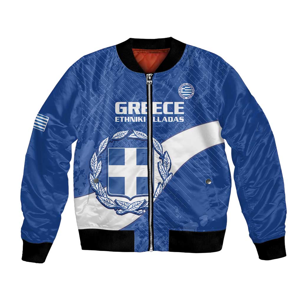 Blue bomber jacket with front zipper, Greek flag graphic and crest, black rib trim
